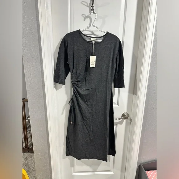 NWT A New Day Three Quarter Sleeve Gray Ruched Tie Waist Dress - Picture 8 of 8